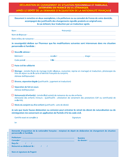 changement situation personnelle et professionnelle document cerfa naturalisation française