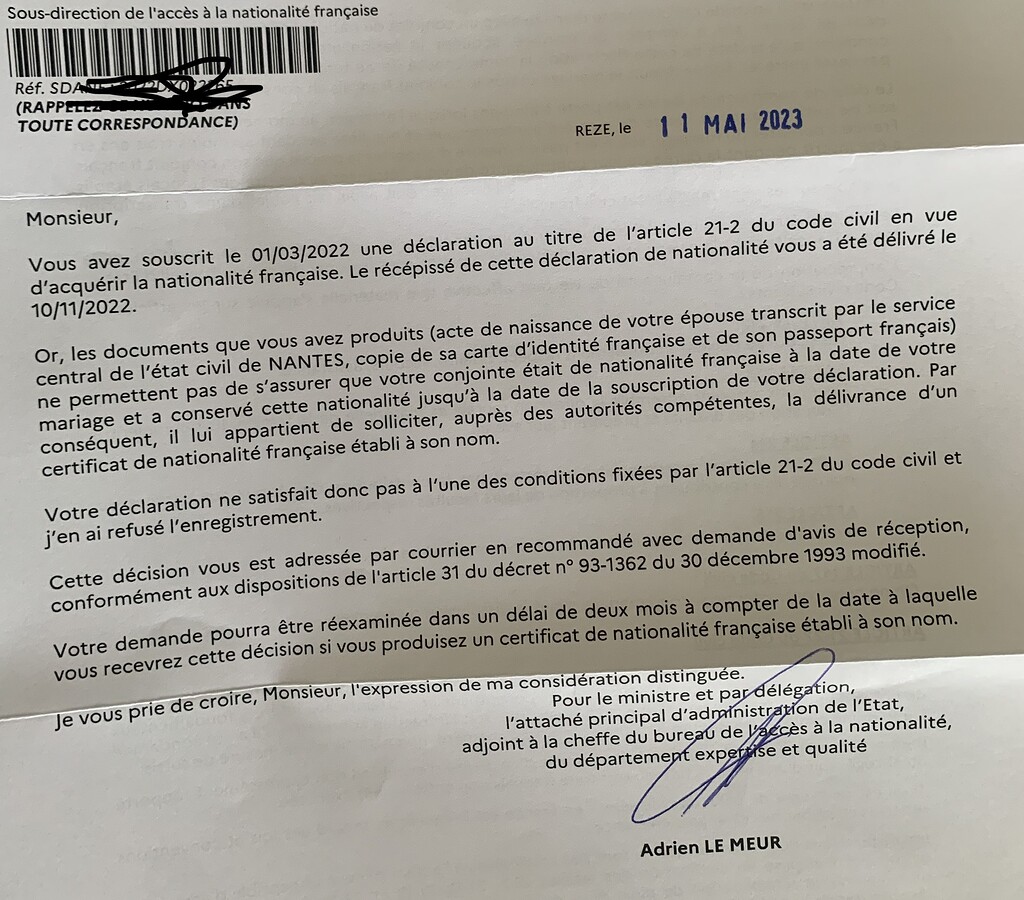 Courrier de la sdanf pour certificat de nationalité Naturalisation