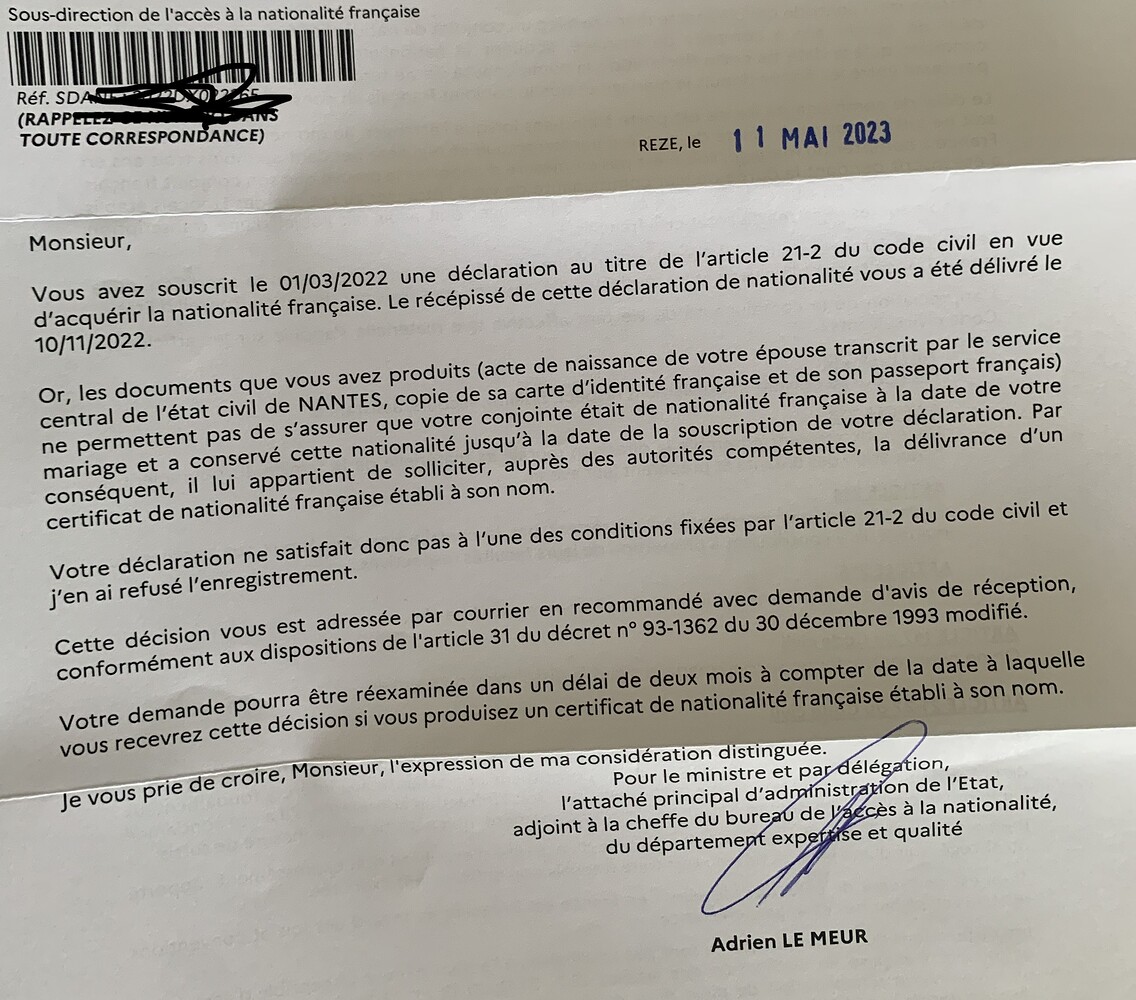 Courrier de la sdanf pour certificat de nationalité Naturalisation