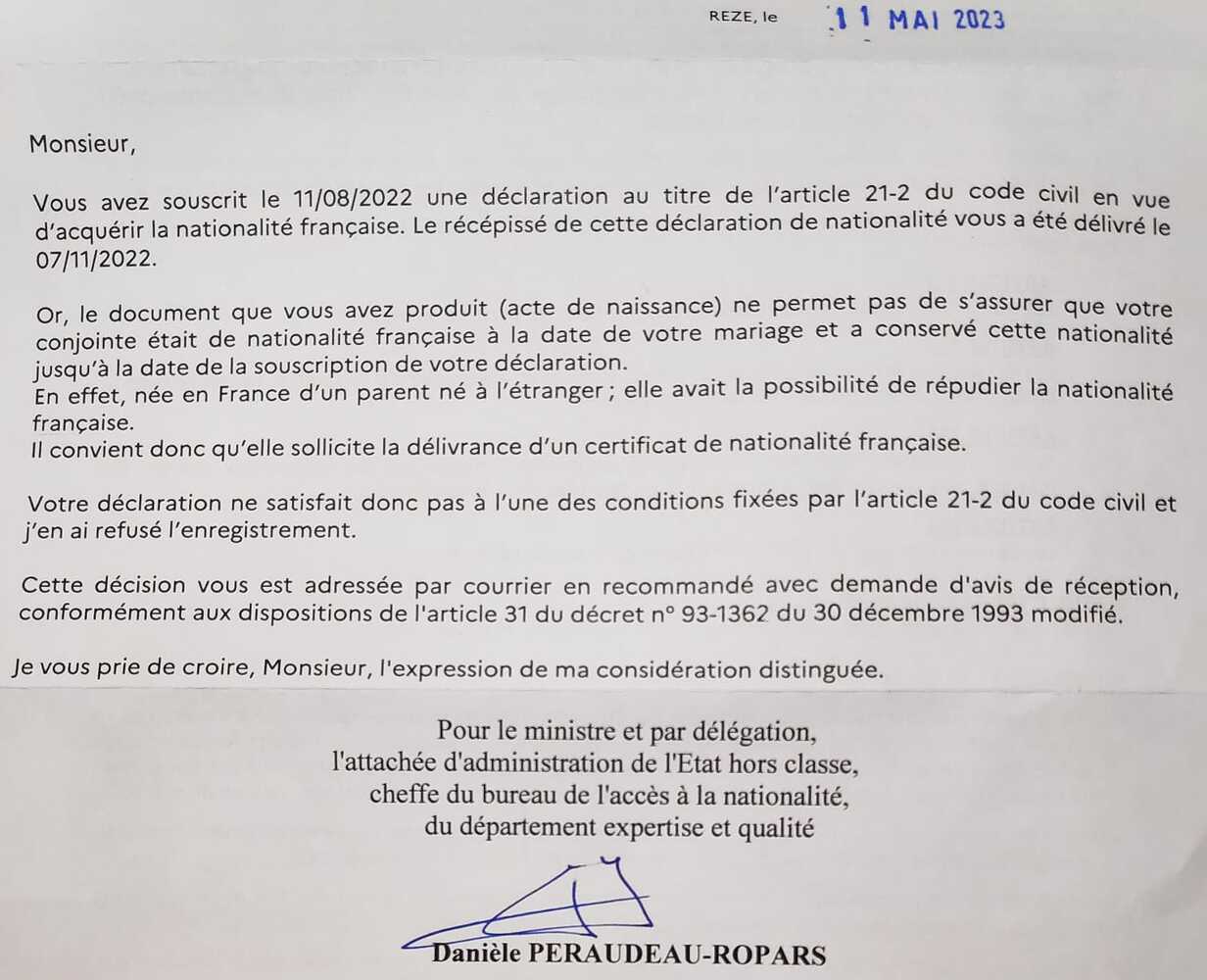 Courrier de la sdanf pour certificat de nationalité Naturalisation Par Mariage Démarches
