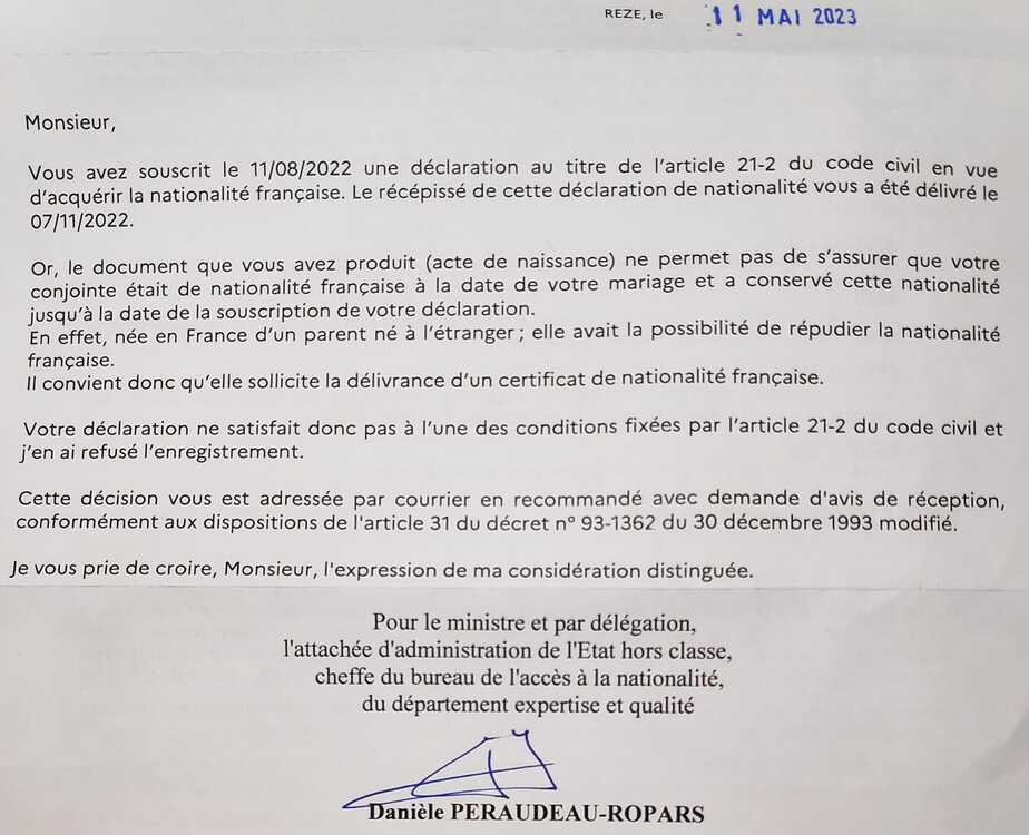 Courrier de la sdanf pour certificat de nationalité - Naturalisation