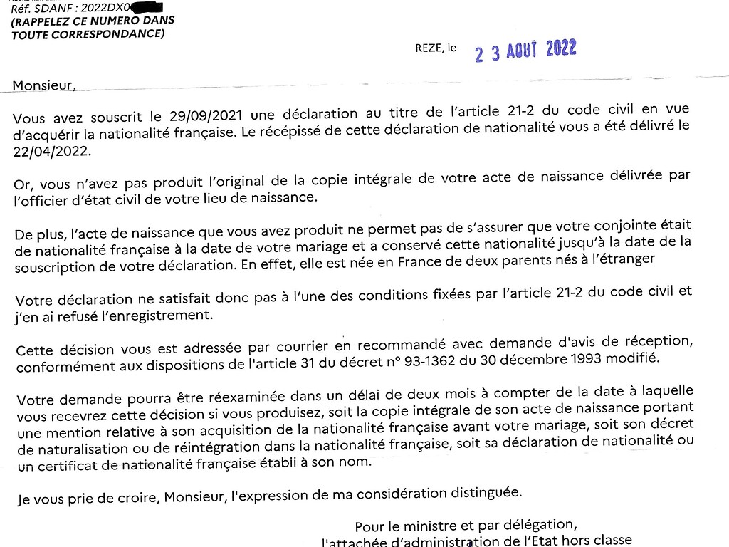 Lettre de demande d'obtention de la nationalité française
