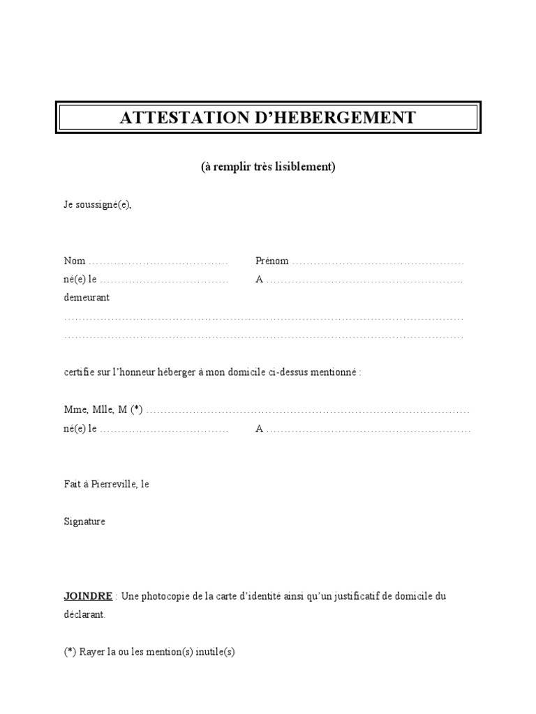 Exemple attestation d'hébergement document PDF et Image ...