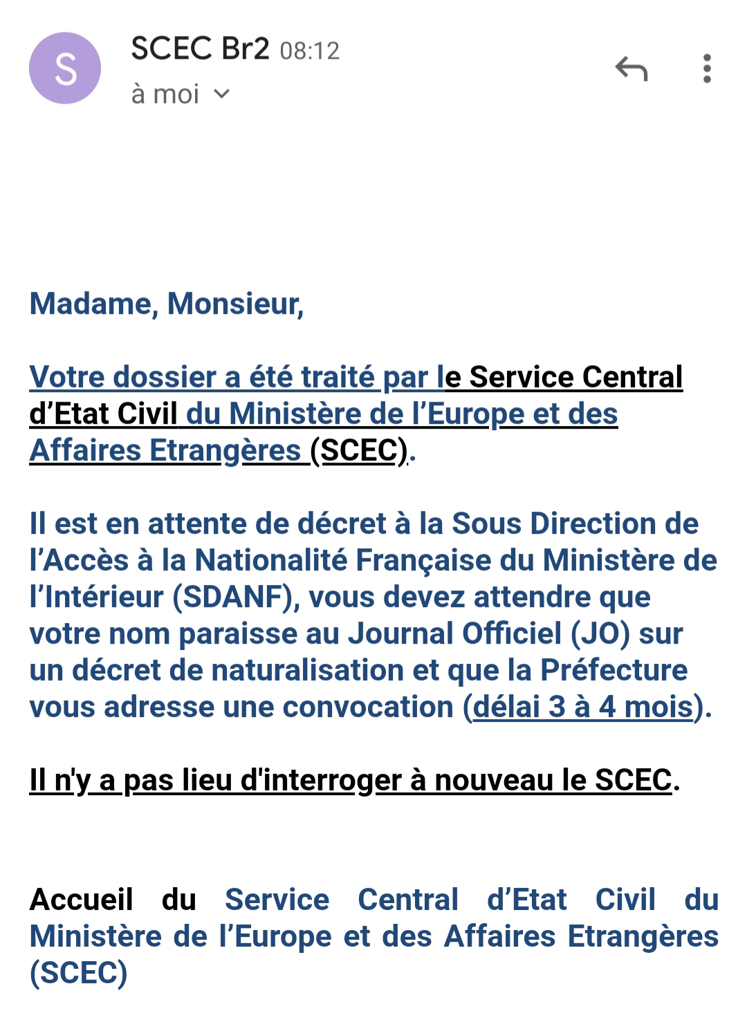 NATURALISATION PAR DECRET FORUM 1 Suivi de dossier REZE & SCEC